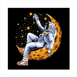 Astronaut sitting on the crescent moon Posters and Art